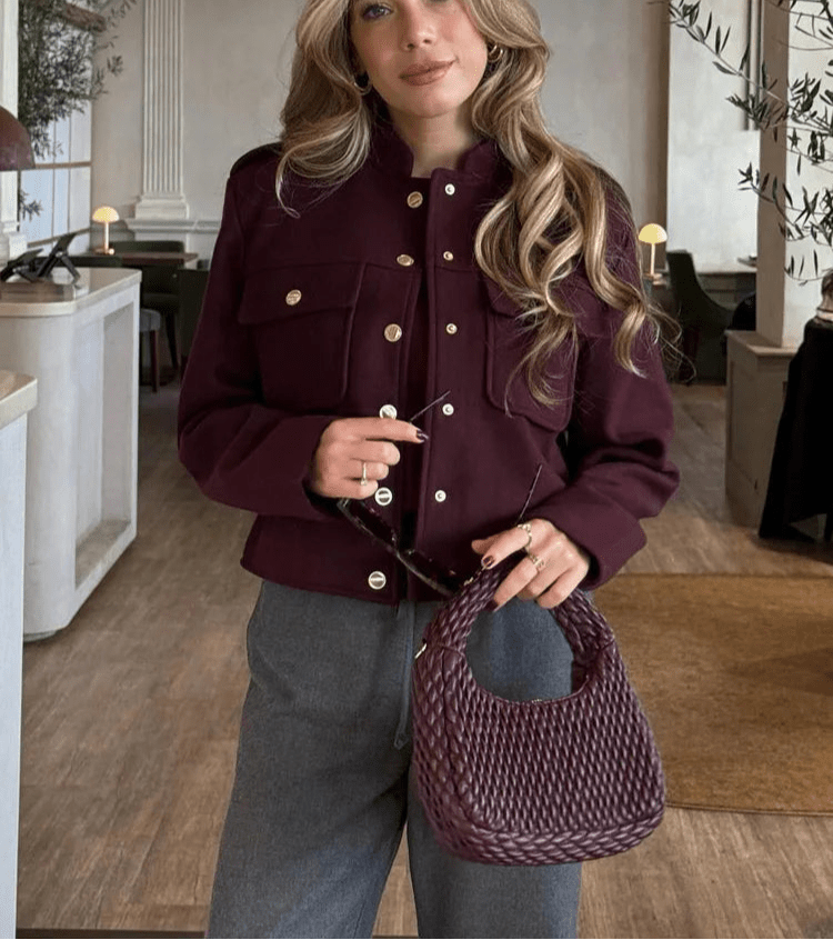 SEAME - Leah Bomber Jacket with Golden Details Burgundy L