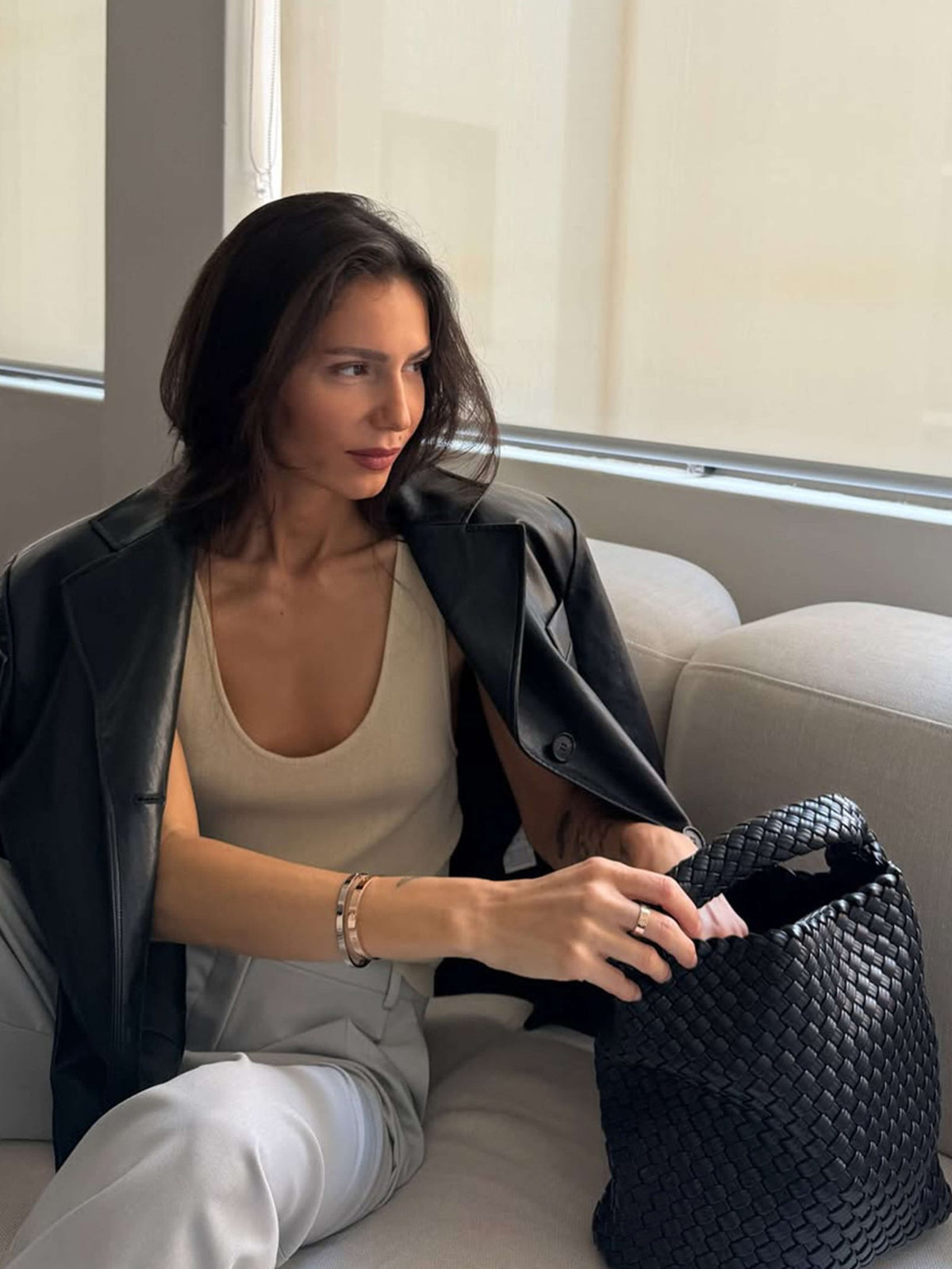 Seame - Cara Woven Shopper Bag Medium Black Medium